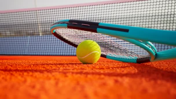 Racchetta Tennis Blu Con Palla Stesa Sul Campo Arancione Rete — Video Stock