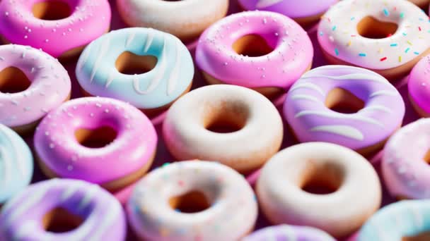 Animación Bucle Sin Fisuras Donuts Surtidos Conjunto Muchos Bollos Dulces — Vídeos de Stock