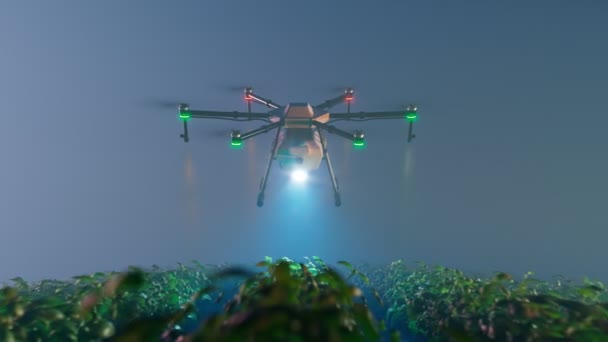 Pętlowa Animacja Dronem Opryskującym Produkty Roślinne Nocy Plantacji Quadrocopter Kolorowymi — Wideo stockowe