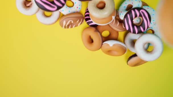 Animation Falling Assorted Donuts Yellow Background Set Many Sweet Buns — Stock Video