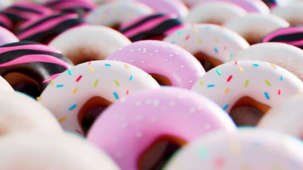 Бесшовный Цикл Анимации Разнообразных Пончиков Набор Многих Сладких Булочек Шоколадной — стоковое видео