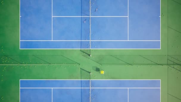 训练网球场的巨大的复杂性 鸟类的视角 训练你的技能 成为一个更好的球员 蓝色和绿色的表面 黄色的球 每一个宫廷都有一个网状栅栏 最高4K房屋署 — 图库视频影像