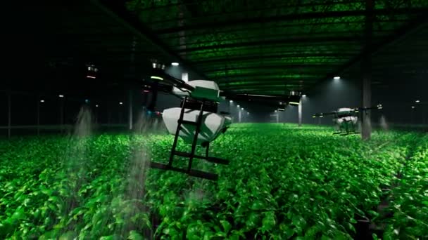 Animation Drones Spraying Health Plant Products Plantation Night Quadrocopters Watering — Stock Video