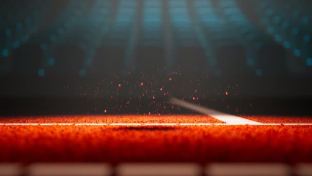 一个网球在橙色球场上弹跳的动画 聚光灯下的球在边线旁边慢动作 击球时撞球 黑暗的背景比赛的决定性时刻 — 图库视频影像
