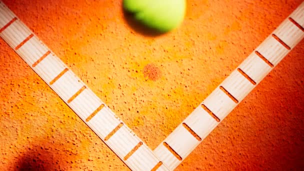 一个网球在橙色球场上弹跳的动画 聚光灯下的球落在边线旁边地面上的慢动作 从空中俯瞰撞球 比赛的决定性时刻 — 图库视频影像