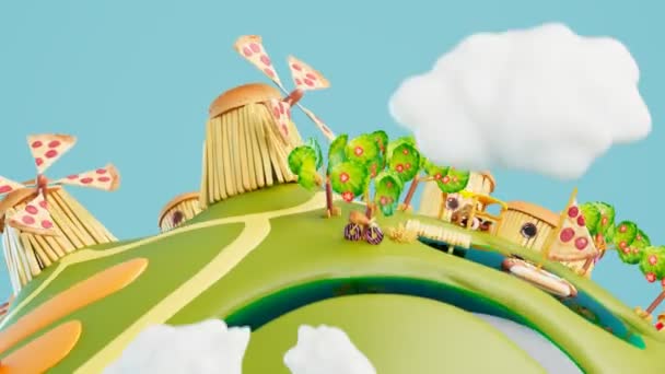 Прекрасна Планета Фаст Фуду Цукерок Чудовий Світ Крихітними Будинками Транспортними — стокове відео