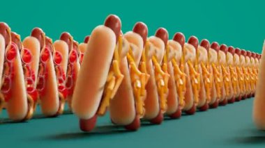 Sosisli sandviçlerin kusursuz döngüsü. Lezzetli fast food sandviçleri tek bir yöne doğru yürüyor ve birlikte hareket ediyor. Yeşil arka planda rengarenk sosisliler. Komik yemek animasyonu