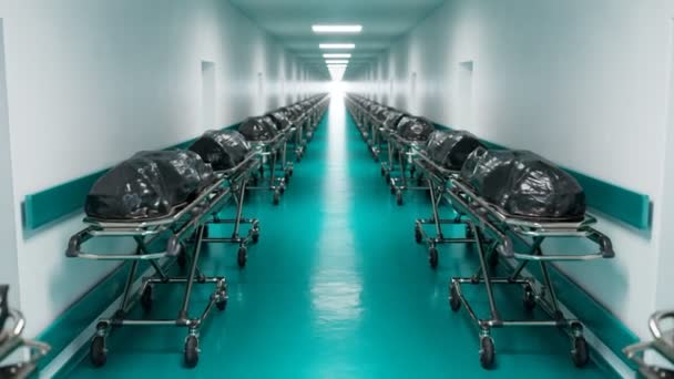 大流行病医疗危机的概念 数量巨大的鹿 镜头沿着空荡荡的医院大厅移动 穿过一排排排成行的床 两人带着黑色的尸袋 Covid Victims — 图库视频影像