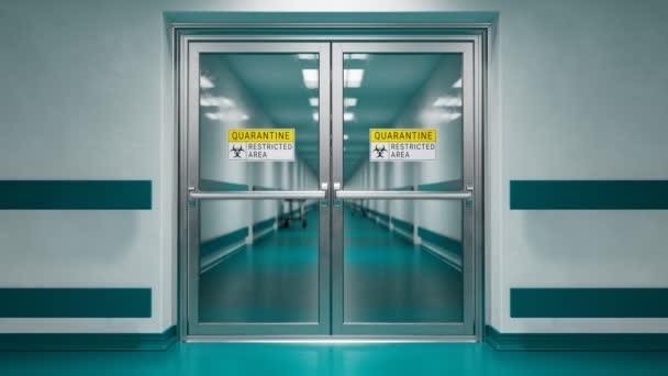 ガラスのドアの隔離についての黄色い警告サインでズーム バイオハザードのシンボル 病院の限られたエリア アイソレーションエリアは 流行が発生している間 カメラがゆっくりと上がっていく 4Kについて — ストック動画