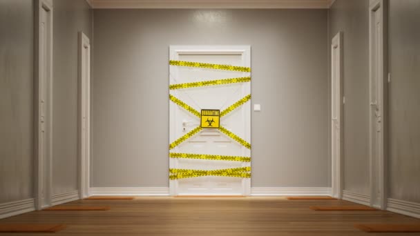 疫病が流行している間隔離の概念 カメラは 黄色の警告サインで白いドアに向かって移動し テープで保護されています アパートの建物のロビーの端に限られたエリア — ストック動画