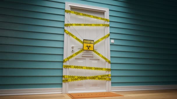 疫病が流行している間隔離の概念 黄色の警告サインでテープで保護された白いドアの周りをパニングします バイオハザードのシンボル 危険ゾーン アパートビルに限られたエリア — ストック動画