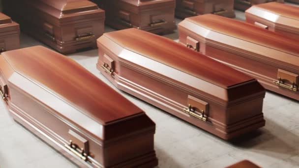 在葬礼前 一排排坚实的木制棺材矗立在石板地板上 伴随着无尽的循环动画 传染病造成的大量死亡 Covid Victims 4K高清 — 图库视频影像