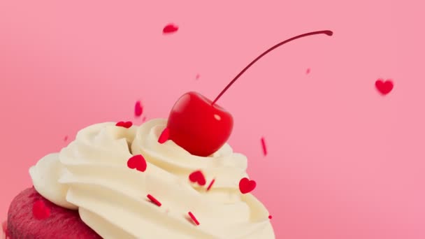Animation Delicious Cupcake Sweet Cream Cherry Top Valentines Decorating Heart — Stock Video