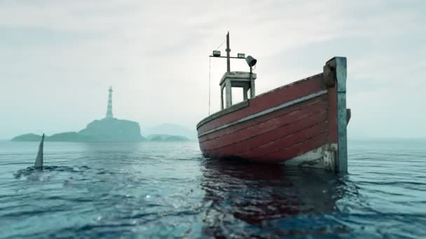 Animáció Cápáról Amint Egy Öreg Halászhajó Körül Úszkál Óceánban Veszély — Stock videók