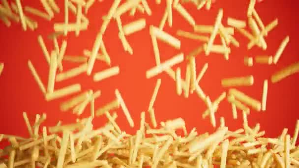 Animation Just Fried French Fries Red Background Falling Forming Pile — Stock Video