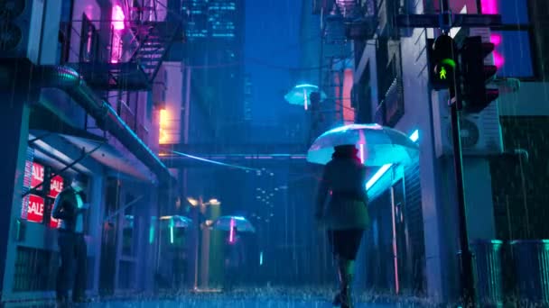 Футуристическая Улица Дождем Неоновом Свете Ночью Люди Ходят Зонтиками Зонтики — стоковое видео