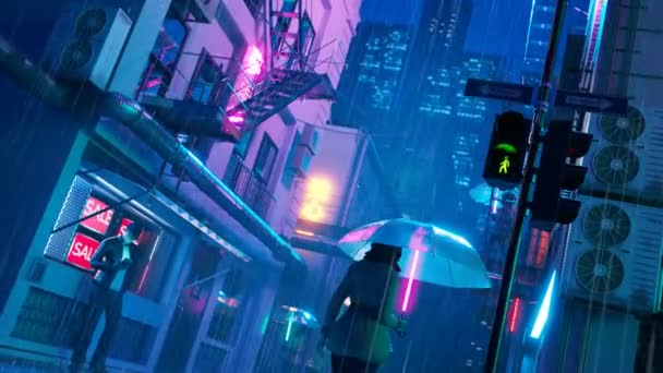 Футуристическая Улица Дождем Неоновом Свете Ночью Люди Ходят Зонтиками Зонтики — стоковое видео