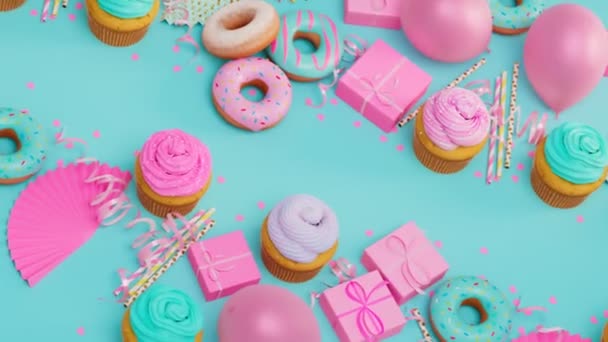 Płynna Animacja Pętli Kolorowego Stołu Urodzinowego Dekoracje Recepcji Słodycze Prezenty — Wideo stockowe