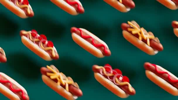 热狗的无缝线动画 一排排的快餐三明治都在跳着朝一个方向走着 在绿色背景上对色彩斑斓的热狗进行分类 有趣的食物动画 — 图库视频影像