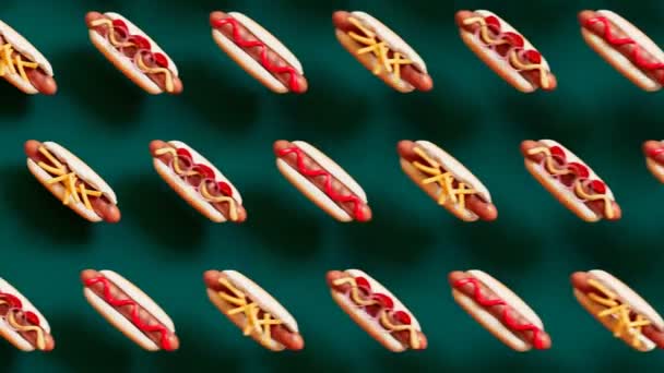 热狗的无缝线动画 一排排的快餐三明治都在跳着朝一个方向走着 在绿色背景上对色彩斑斓的热狗进行分类 有趣的食物动画 — 图库视频影像