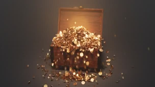 Stara Drewniana Skrzynia Otwiera Się Eksploduje Fontanną Złotych Monet Drewniane — Wideo stockowe