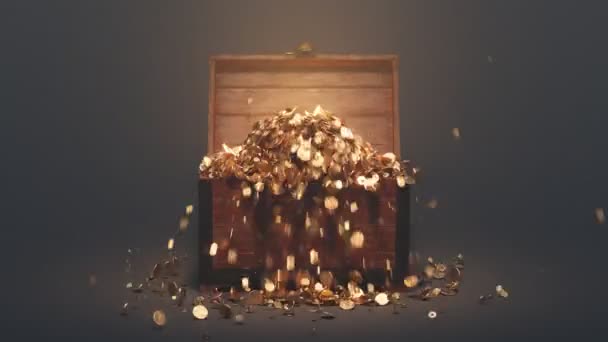 Stara Drewniana Skrzynia Otwiera Się Eksploduje Fontanną Złotych Monet Drewniane — Wideo stockowe