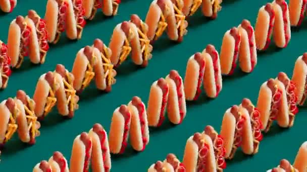 热狗的无缝线动画 一排排美味的快餐三明治正在走向同一个方向 在绿色背景上对色彩斑斓的热狗进行分类 有趣的食物动画 — 图库视频影像