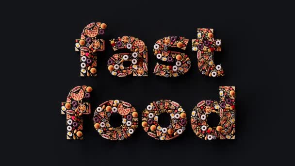 Анімація Напису Фаст Фуду Виготовленого Закусок Напоїв Різні Види Їжі — стокове відео