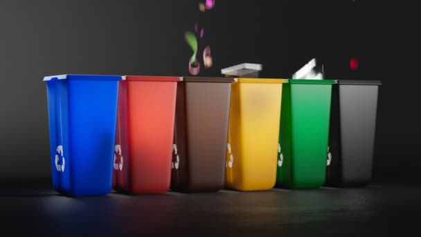 Koyu Arkaplanda Renkli Çöp Bidonları Var Evde Ekoloji Eko Kavramı — Stok video