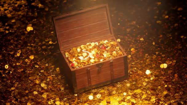 Ανοιχτό Ξύλινο Μπαούλο Γεμάτο Χρυσά Νομίσματα Λαμπερά Κοσμήματα Και Διαμάντια — Αρχείο Βίντεο