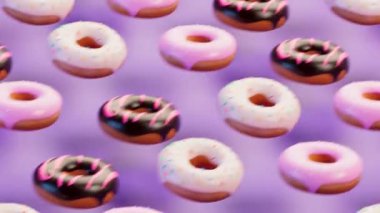Zıplayan donutların kusursuz döngüsü. Çikolata soslu, pastel pembeli, beyaz jöleli, şekerli veya pudra şekerli bir sürü tatlı çörek. Renkli çeşitli donutlar. 4K HD