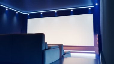 Güzel ev sineması. Evdeki modern sinema. Stereo sistemi olan multimedya odası. Kocaman televizyonu ve rahat koltukları olan büyük bir eğlence odası. Teknoloji. Büyük ekranda bir film izle