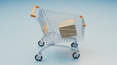 Paketlerin animasyonu bir arabaya düşer. Alışveriş ve nakliye kavramı. Emirleri topluyorum. Çevrimiçi dükkan, perakende satış, iş. Al. Kapıdan kapıya teslimat. Bir süpermarkette satış ve promosyon