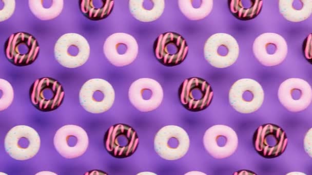 Бесшовный Цикл Анимации Прыгающих Пончиков Набор Многих Сладких Булочек Шоколадной — стоковое видео