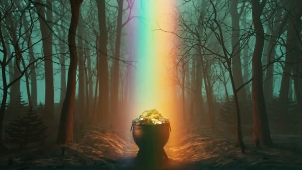 虹の端にある金の魔法の鍋 鉄のカルドロンは黄金のコインでいっぱいです 暗い森の中のレプルチャウンの宝物 聖パトリックの日 アイルランドの運と成功と富の象徴 リッチ リッチ — ストック動画
