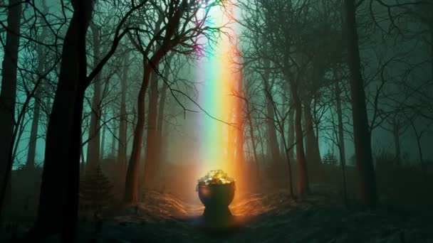 彩虹尽头的一壶神奇的黄金 一个铁锅里装满了金币 利普雷琴的财宝在黑暗的森林里 圣帕特里克日 爱尔兰象征着好运 成功和财富 — 图库视频影像