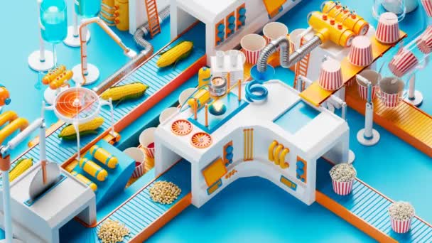 Kleurrijke Grappige Animatie Van Popcorn Bereiding Concept Van Het Fastfoodproductieproces — Stockvideo