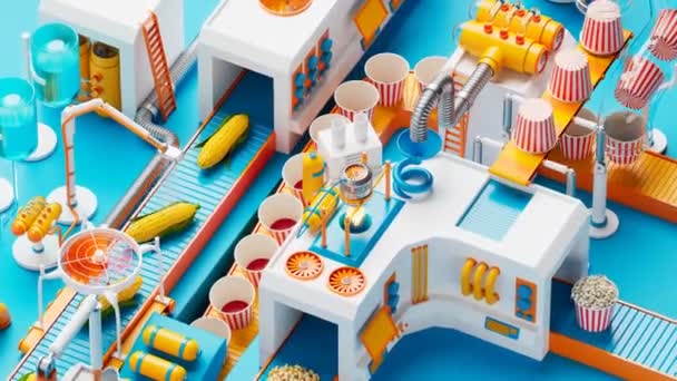 Färgstark Rolig Animation Popcorn Beredning Begreppet Snabbmatsproduktion Livsmedelsindustrin Majs Kolvarna — Stockvideo
