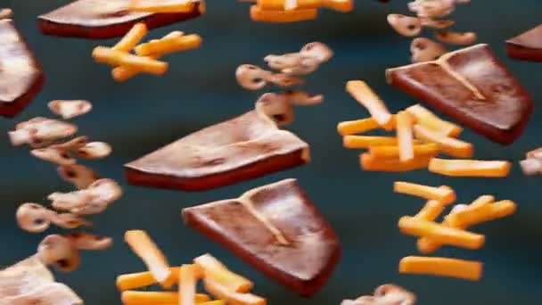 Απρόσκοπτη Κίνηση Μπριζόλας Τηγανιτές Πατάτες Και Μανιτάρια Νόστιμο Φαγητό Πηδάει — Αρχείο Βίντεο