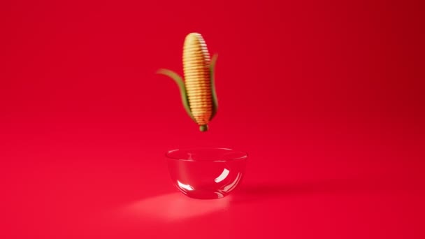 Animation Corn Seeds Popping Glass Bowl Corn Cob Delicious Salty — Stock Video