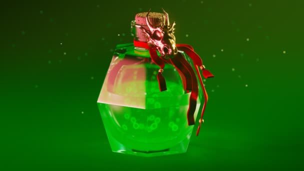 魔法のエリクシールの美しいヴィオレオス瓶 装飾的なファンタジーバイアルの緑のポーション ウィッチクラフト 魔法の魔法使いのアルカニウム スモーキーハロウィンドリンク 呪文を投げるための悪液 アルケミストの詩 — ストック動画