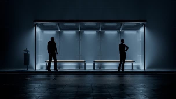 2人が夜にバス停に立っている 輸送を待っている男性と女性 ガラスのシェルターからの光は暗い神秘的な通りに薄暗くなります レイレスの人によって通過する車 — ストック動画