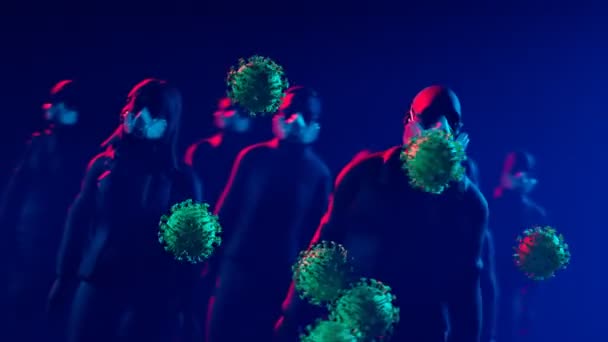 Covidの流行保護に関する条約 アニメーションは 男性と女性がウイルスを攻撃するのを防ぐためにマスクを着用していることを示しています 赤と紫色の光で歩く人々のグループ 空気中のコロナウイルスの細胞 — ストック動画