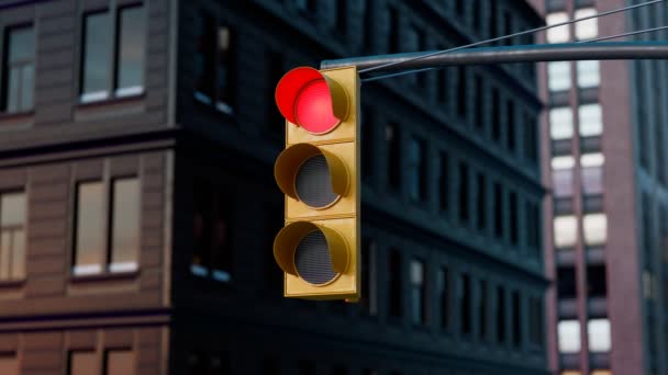 交汇处的红绿灯会调换颜色 十字路口的交通信号变化缓慢 城市里的路标 闹市区的路况后面的建筑物 — 图库视频影像