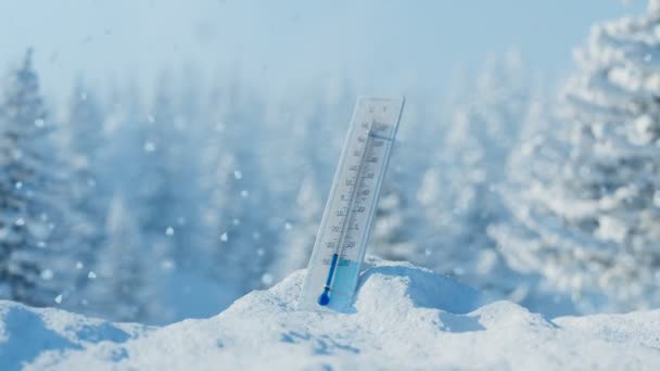 Θερμόμετρο Στη Χιονοστιβάδα Στο Όμορφο Λευκό Χιονισμένο Περιβάλλον Στήλη Υδραργύρου — Αρχείο Βίντεο