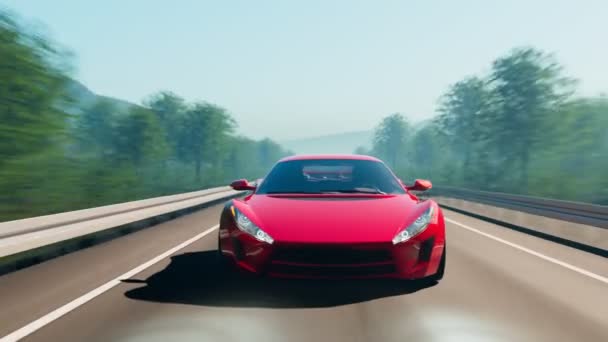 Kırmızı Bir Spor Araba Yüksek Hızda Yol Alıyor Işıkları Yanıp — Stok video