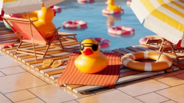 Güneş gözlüklü plastik ördek yüzme havuzunda rahatlama bölgesinde. Plaj havlusunda sevimli sarı oyuncaklar ve şemsiyelerin altında güneşlik. Arka planda yüzen yaşam halkaları ve ördekler. Neşeli atmosfer.