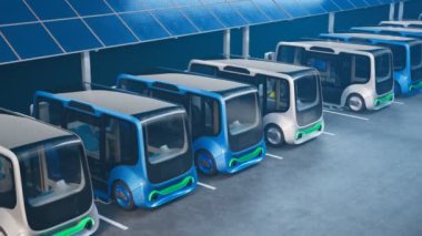 Elektrikli arabalar şarj istasyonu. Minibüsler bataryaları şarj etmek için otoparkta durdu. Çevre dostu araba kavramı. Elektrikli arabalar elektriğe takılıyor. Elektrohareketlilik.