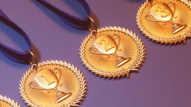 Mor arka planda kurdeleli spor madalyalarının sonsuz animasyonu. Kazananlara en iyi üç ödül. Şampiyonlar için birincilik ödülü. Kazanan yarışma, başarı, zafer, şampiyonluk. Kupalar.