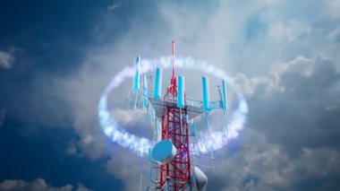 Telefon kulesi 5G sinyali yayar. Görüntülerde anten elektromanyetik dalgaları iletiyor. Beşinci cep telefonu nesli. Modern iletişim teknolojisi. Küresel kablosuz standart. Yeni hücresel ağ.